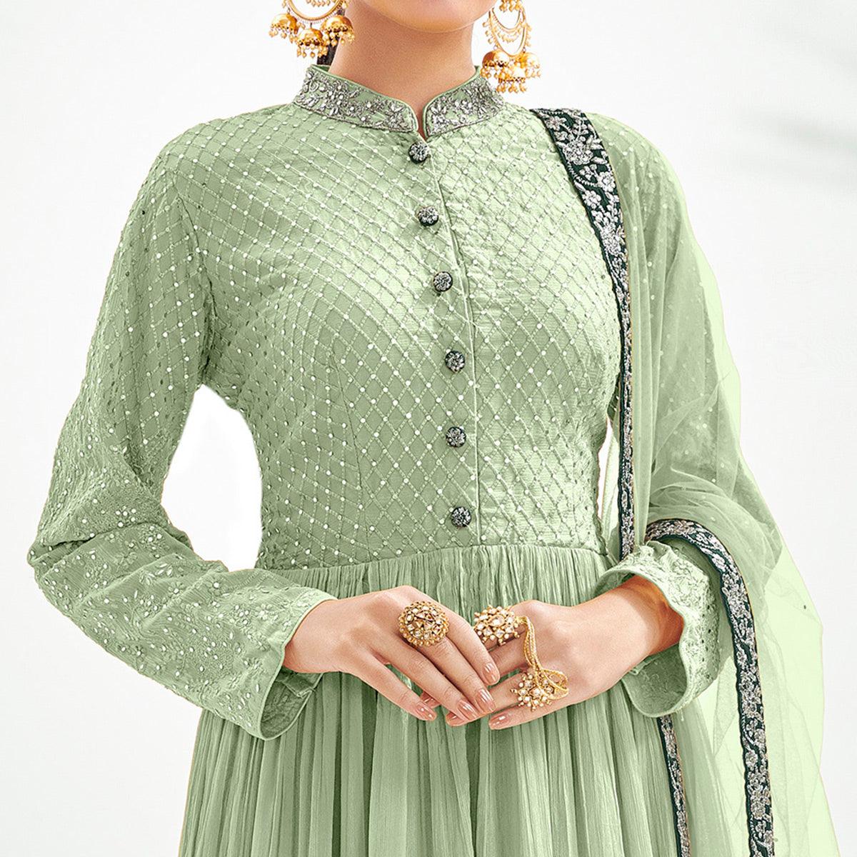 Pista Green Floral Embroidered Chiffon Palazzo Suit - Peachmode