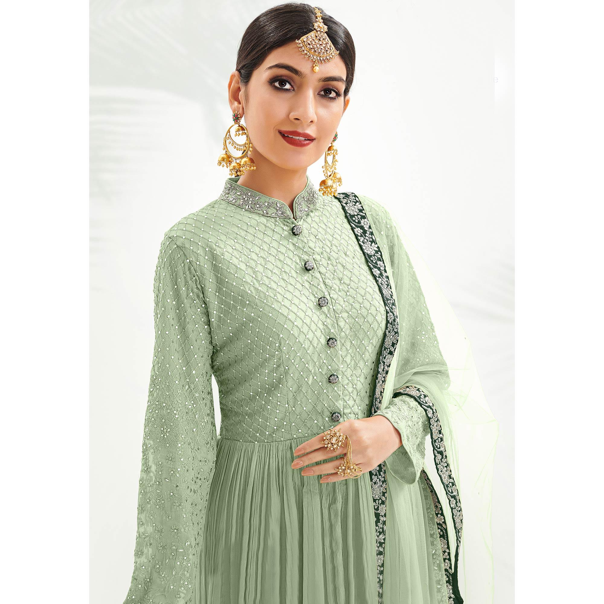 Pista Green Floral Embroidered Chiffon Palazzo Suit - Peachmode