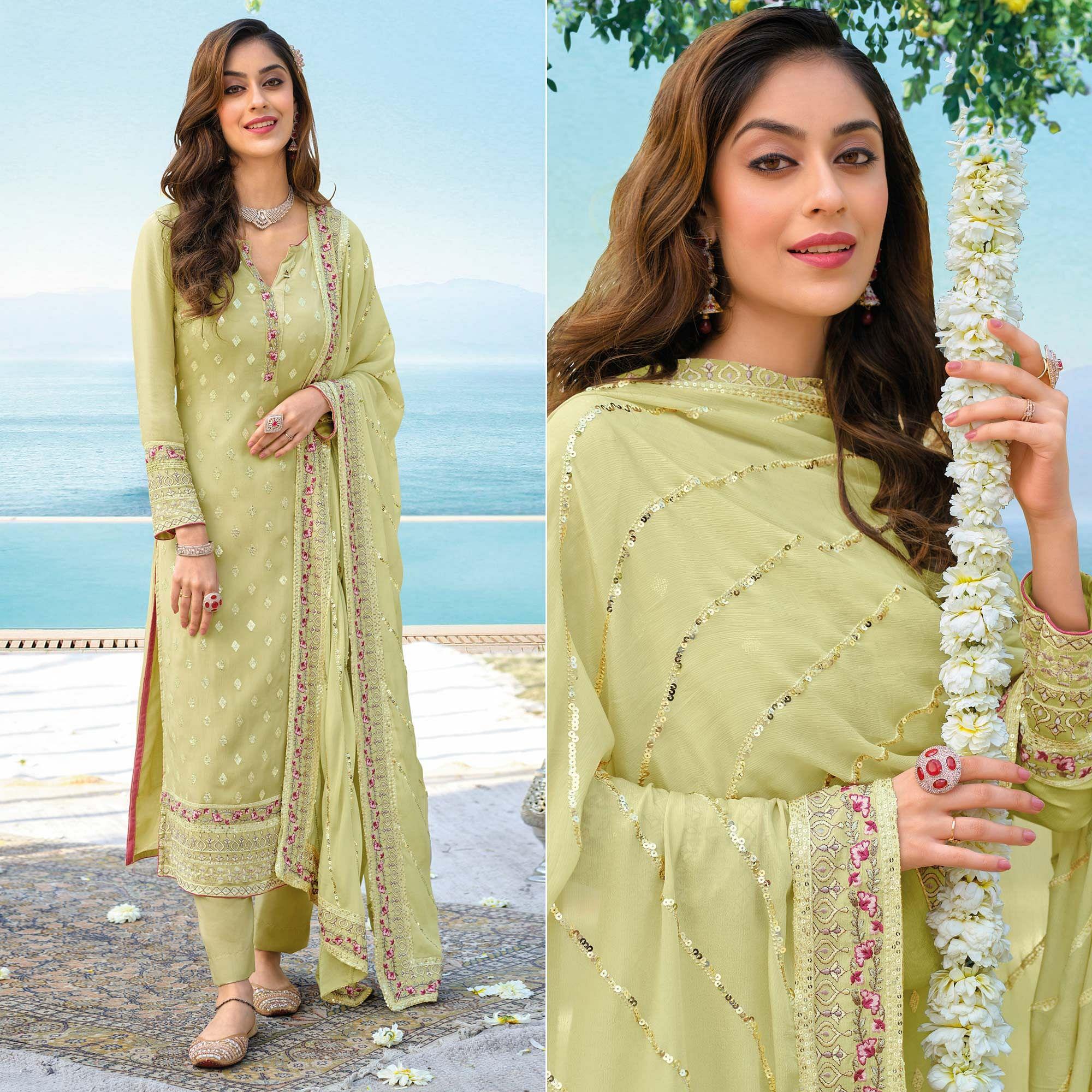 Pista Green Floral Embroidered Georgette Partywear Suit - Peachmode