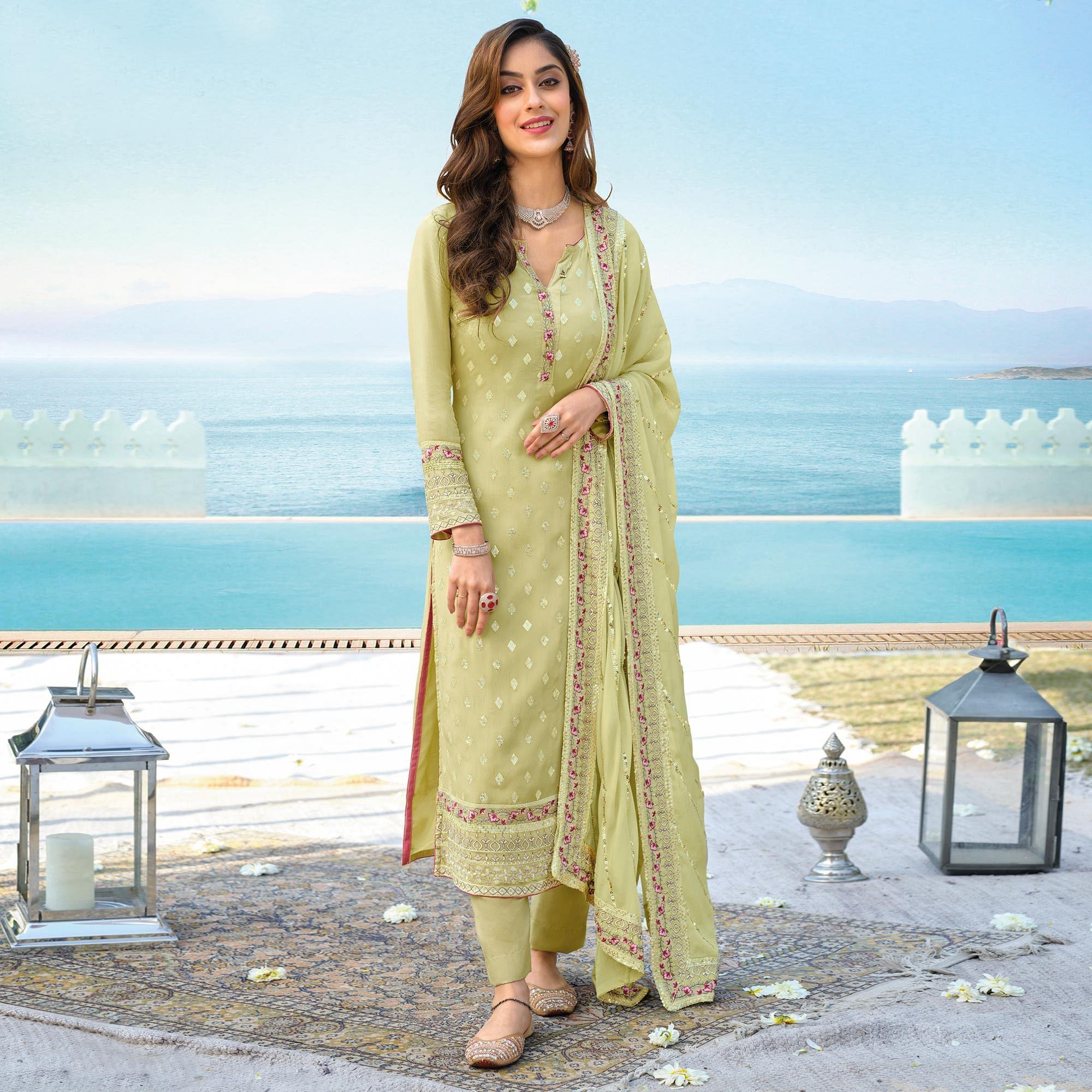 Pista Green Floral Embroidered Georgette Partywear Suit - Peachmode