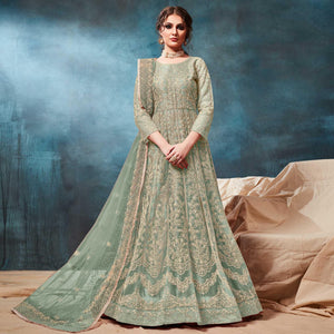 Pista Green Floral Embroidered Net Anarkali Style Gown - Peachmode