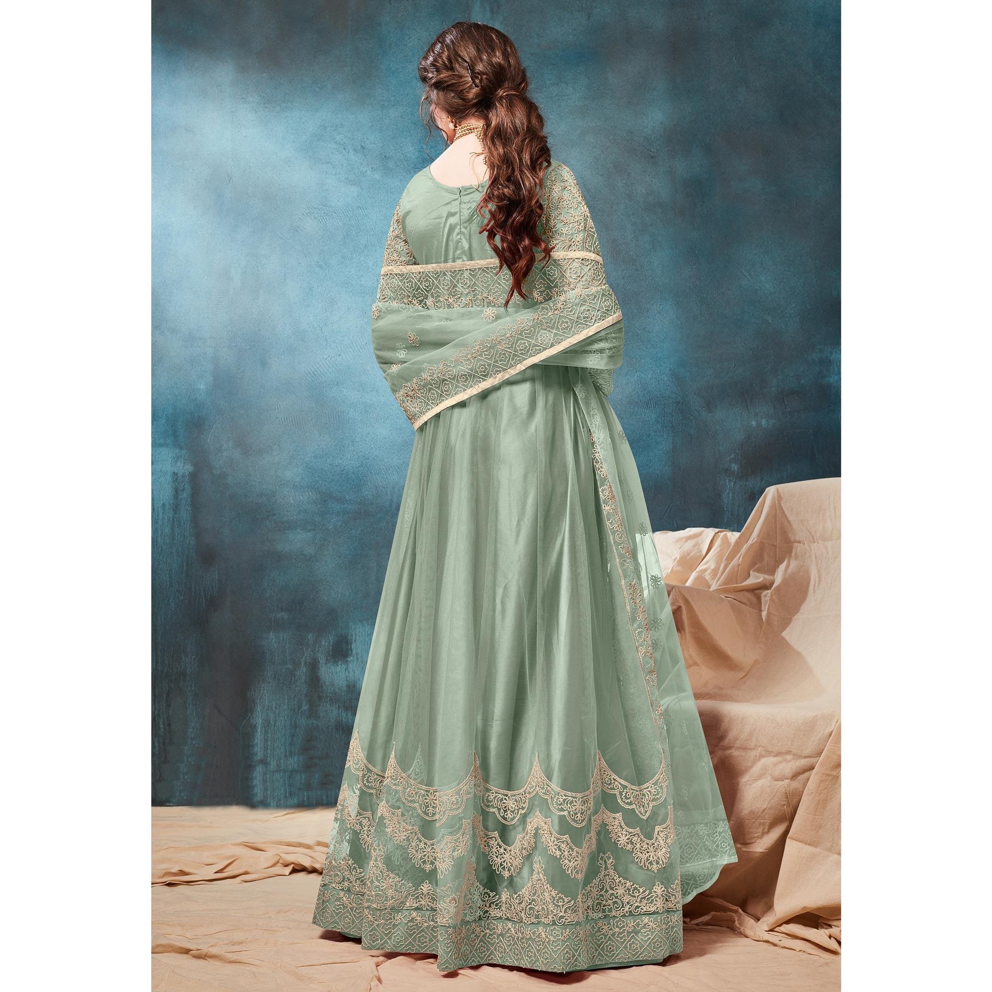 Pista Green Floral Embroidered Net Anarkali Style Gown - Peachmode