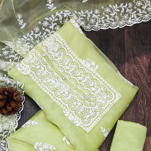 Pista Green Floral Embroidered Organza Dress Material - Peachmode