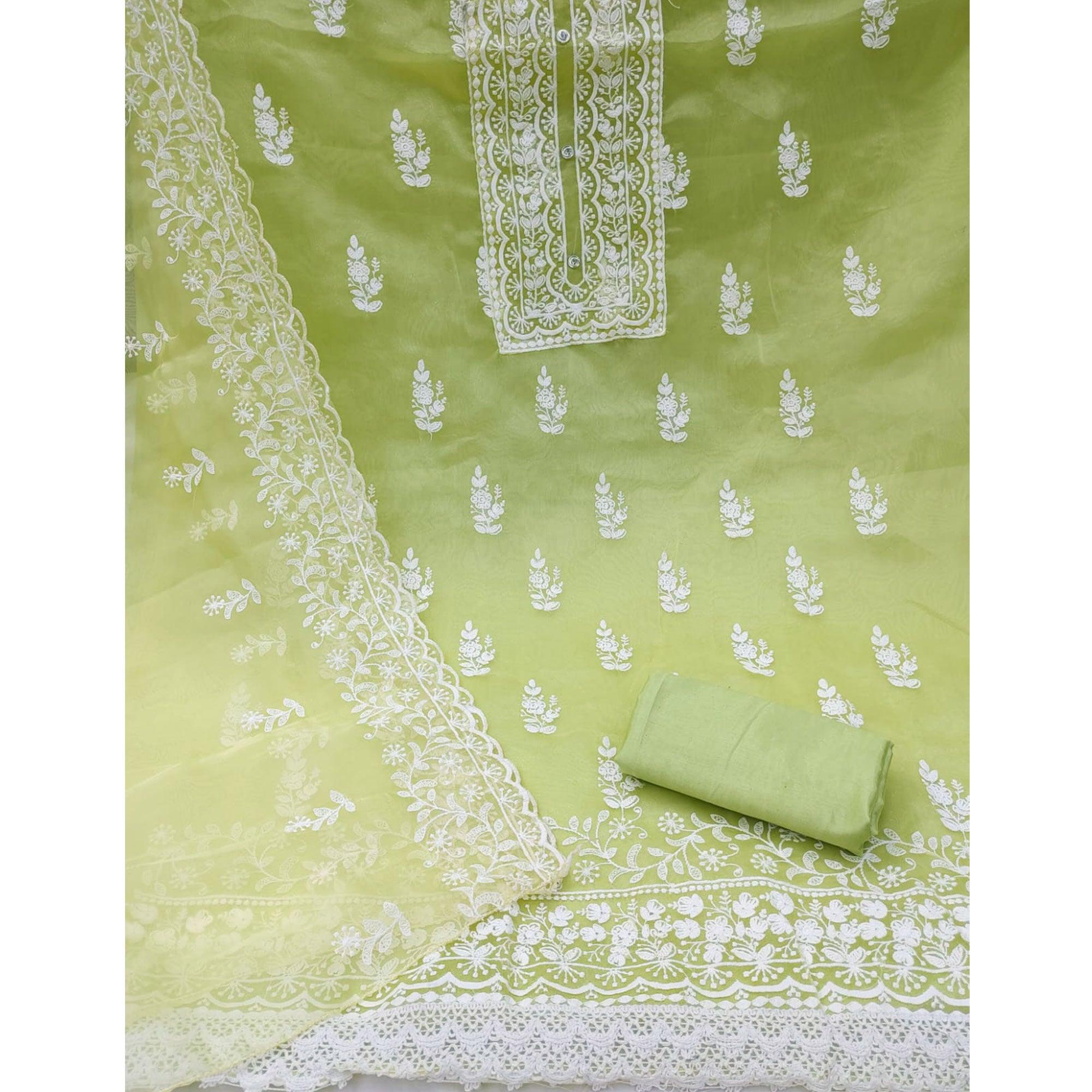 Pista Green Floral Embroidered Organza Dress Material - Peachmode