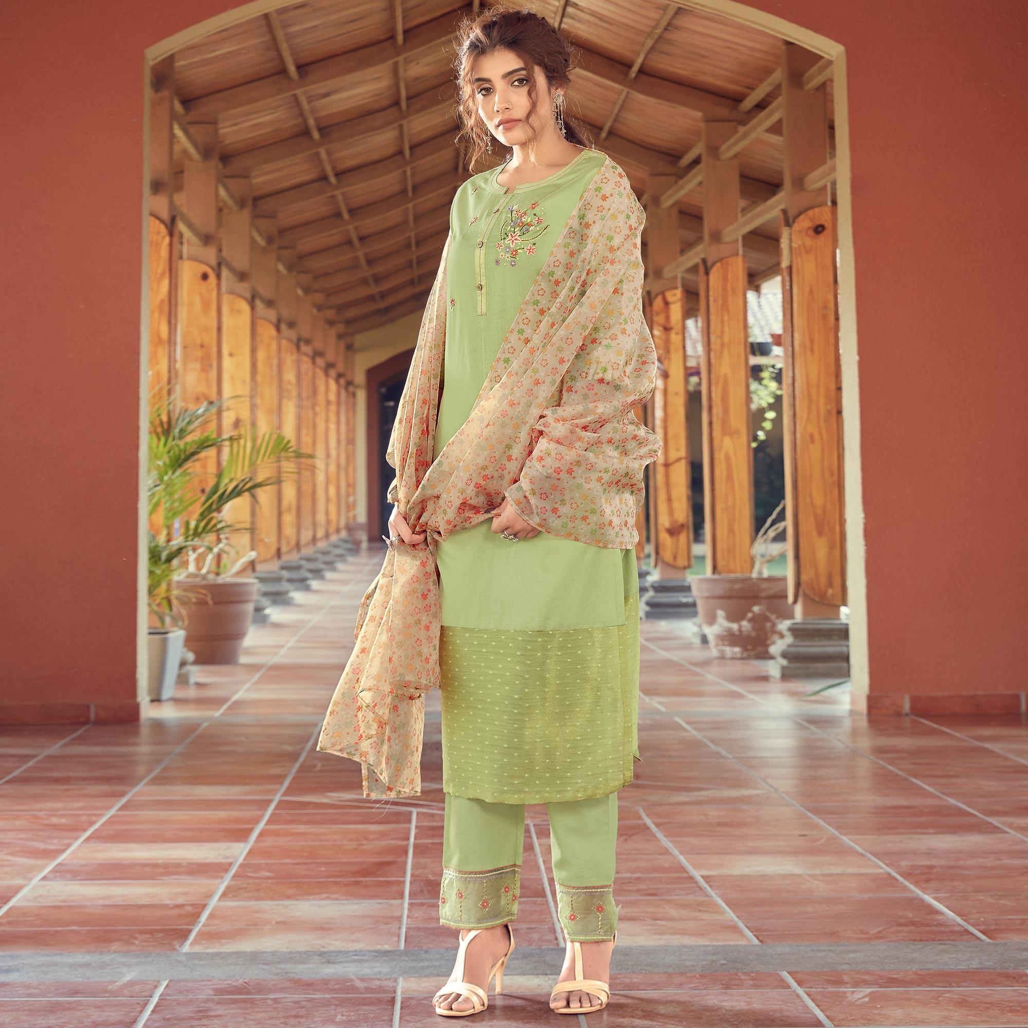 Pista Green Floral Embroidered Viscose Kurti - Pant Set With Dupatta - Peachmode