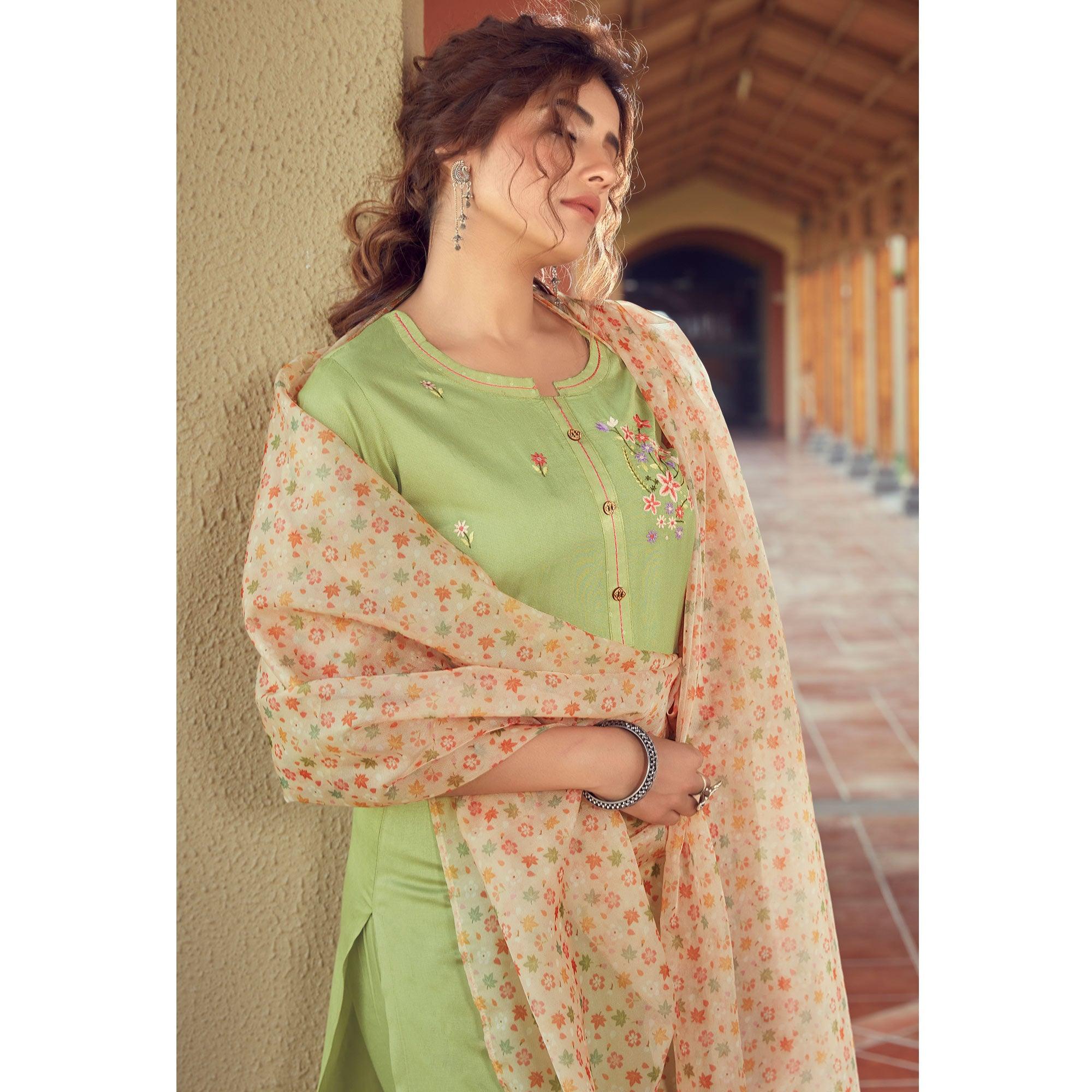 Pista Green Floral Embroidered Viscose Kurti - Pant Set With Dupatta - Peachmode