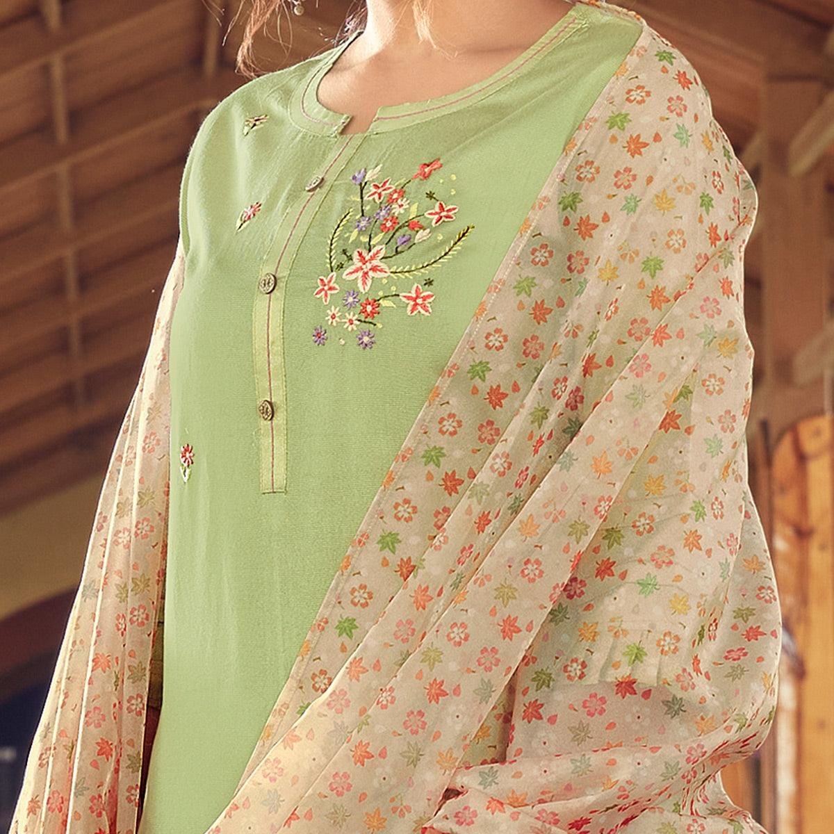 Pista Green Floral Embroidered Viscose Kurti - Pant Set With Dupatta - Peachmode