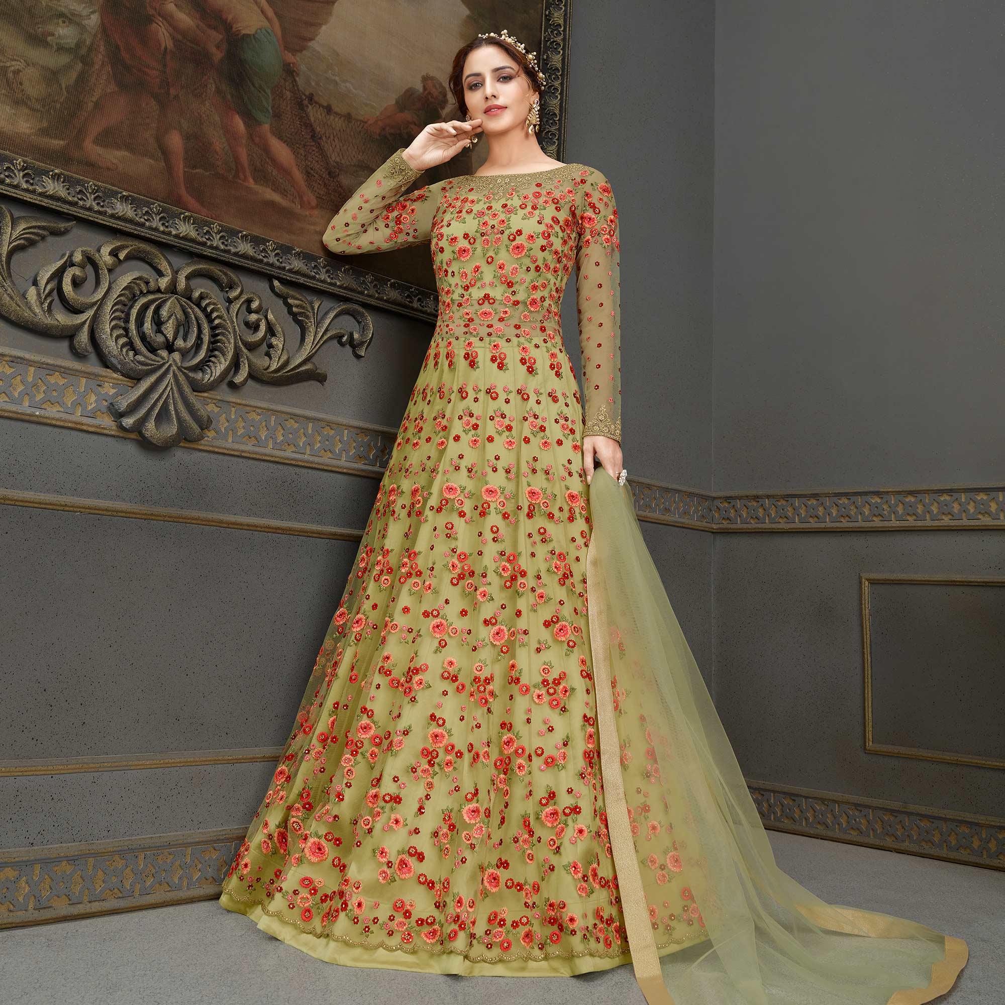Pista Green Floral Embroidered With Handwork Soft Net Partywear Gown - Peachmode