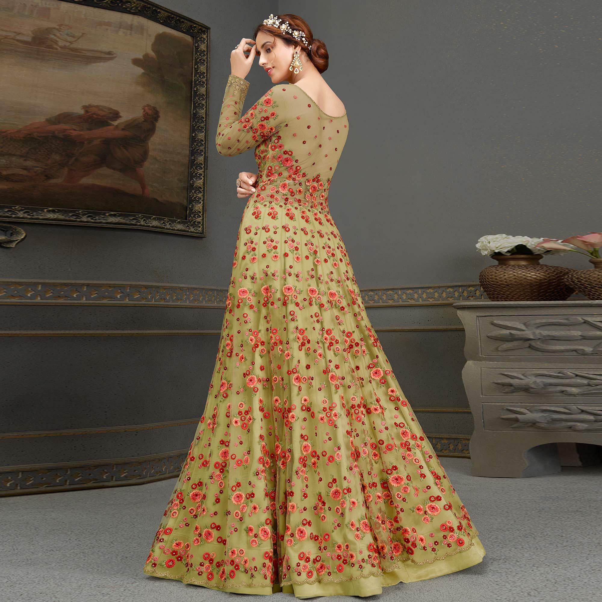Pista Green Floral Embroidered With Handwork Soft Net Partywear Gown - Peachmode