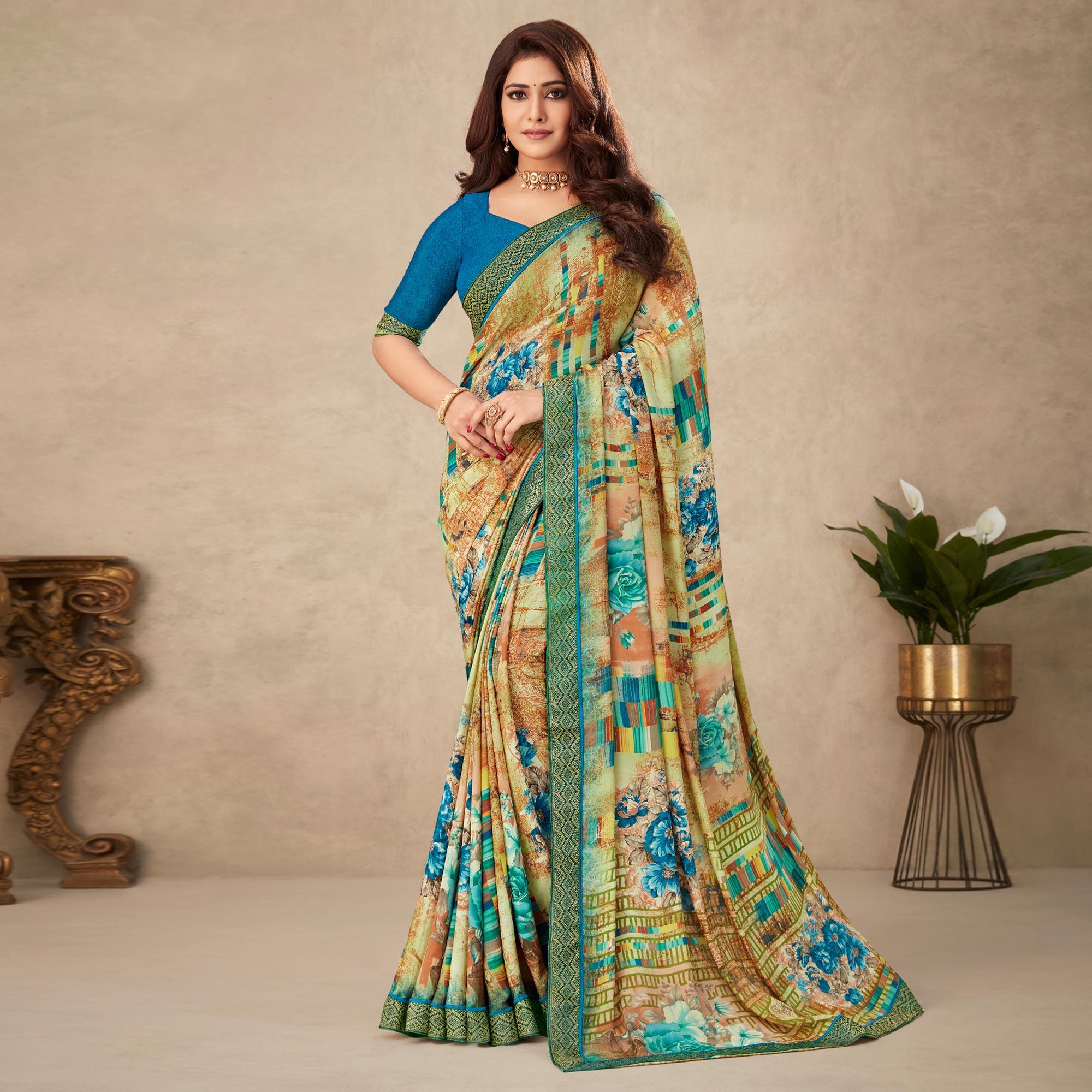 Pista Green Floral Printed Art Silk Saree - Peachmode