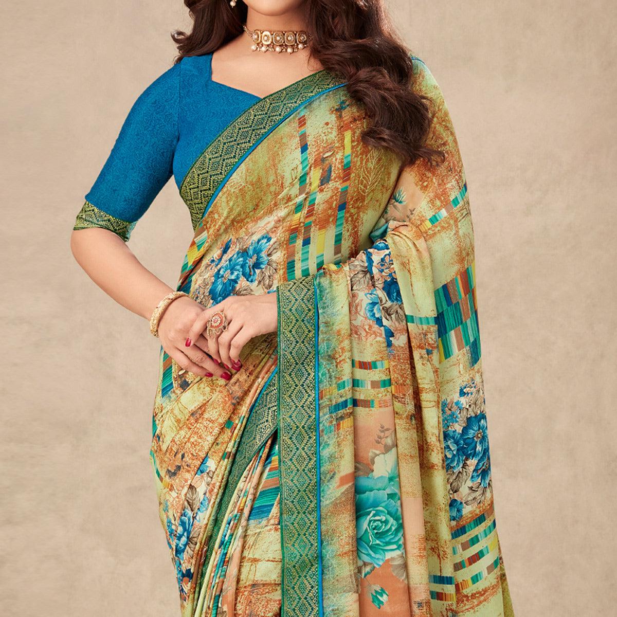 Pista Green Floral Printed Art Silk Saree - Peachmode