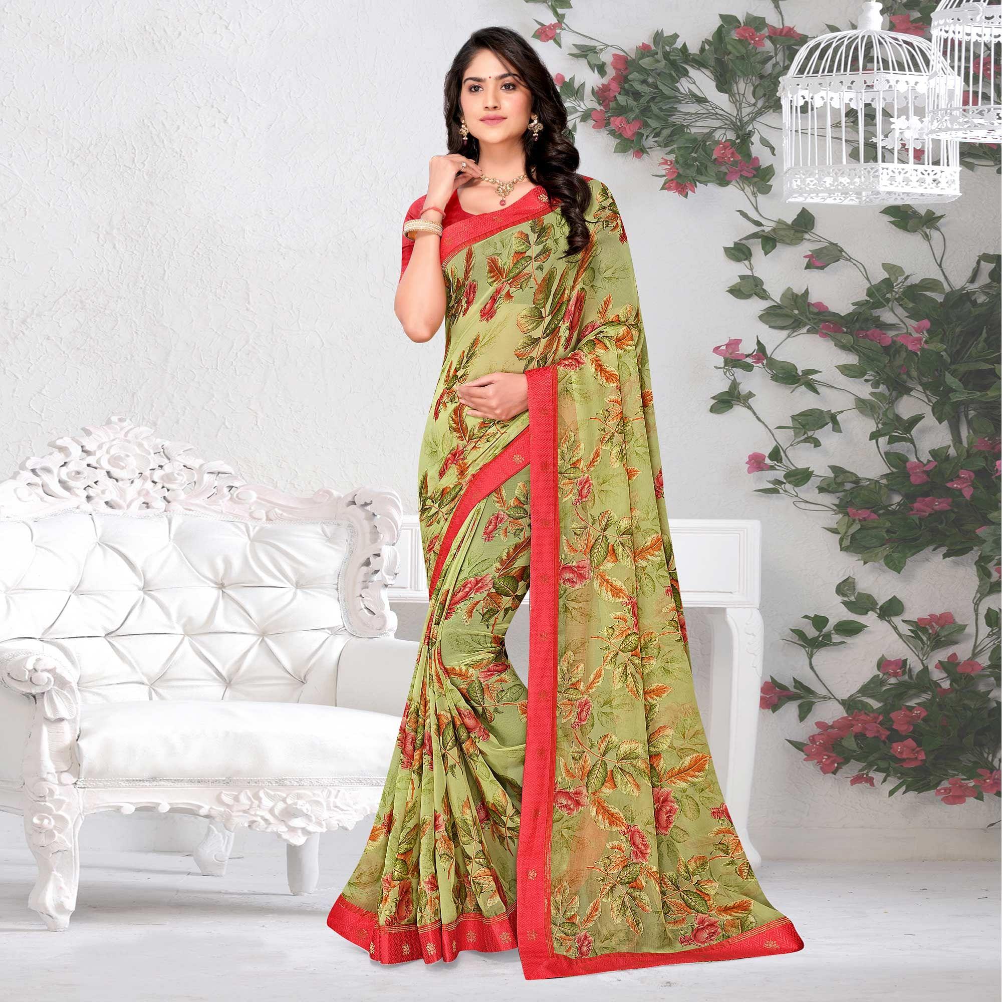 Pista Green Floral Printed Brasso Saree - Peachmode