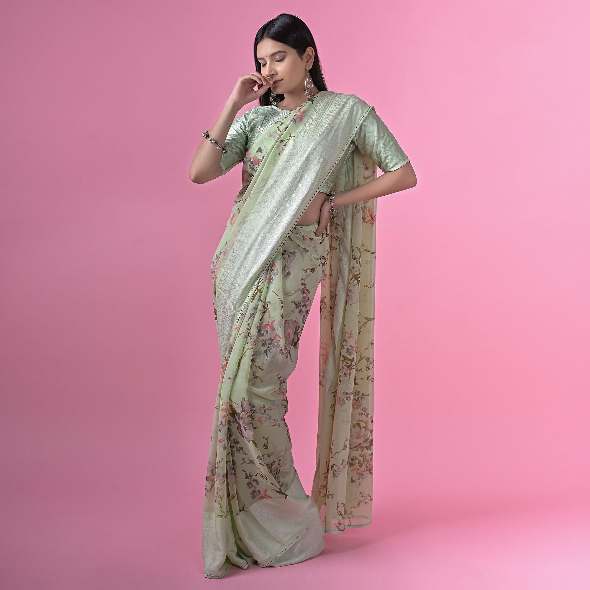 Pista Green Floral Printed Georgette Saree - Peachmode