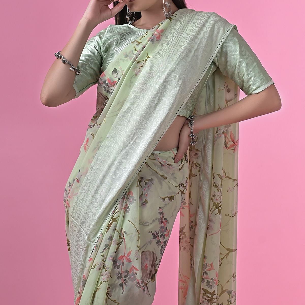 Pista Green Floral Printed Georgette Saree - Peachmode