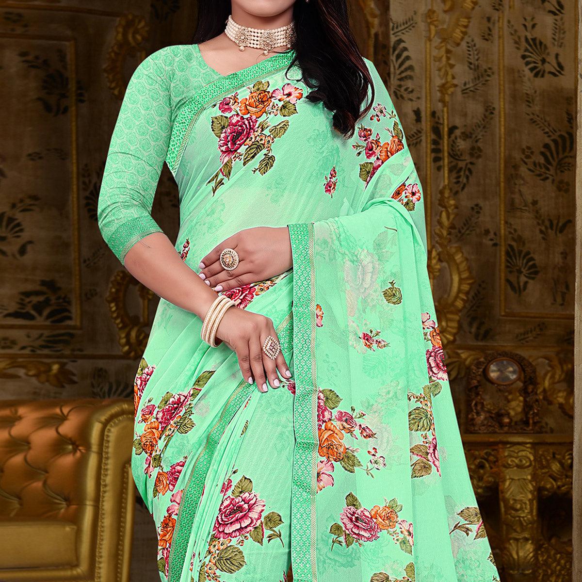 Pista-Green Floral Printed Georgette Saree - Peachmode