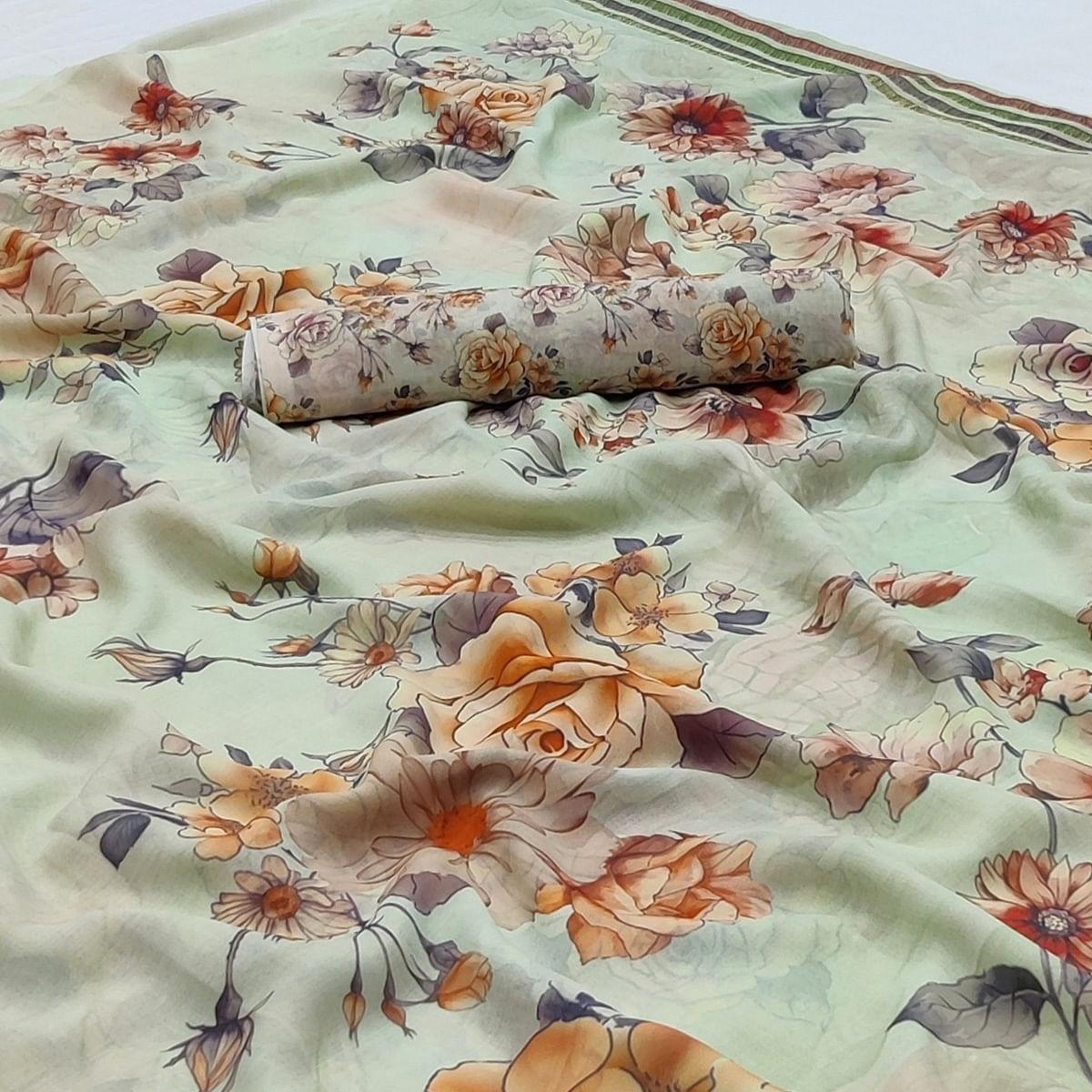 Pista Green Floral Printed Georgette Saree - Peachmode