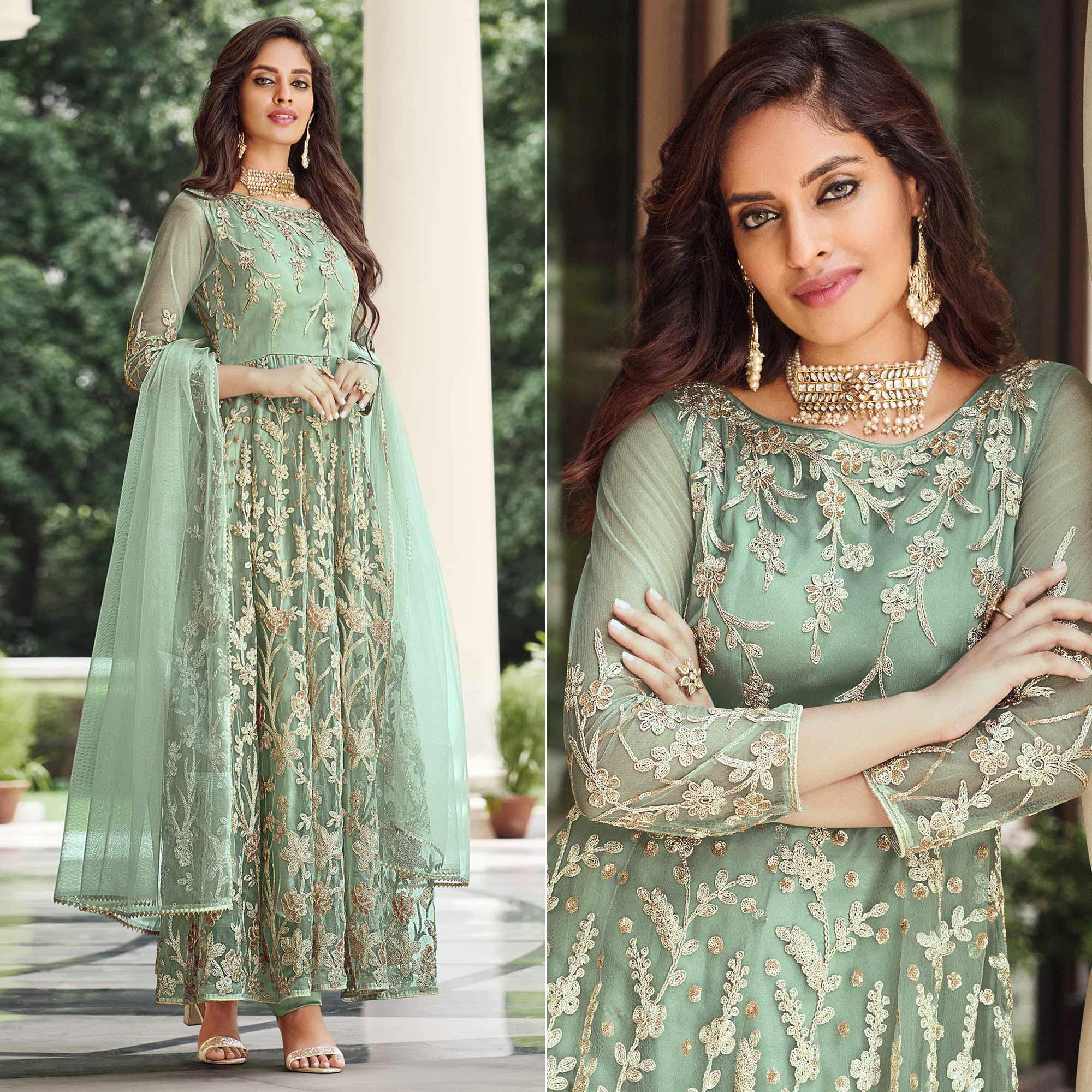 Pista Green Floral Sequence Embroidered Net Anarkali Suit - Peachmode