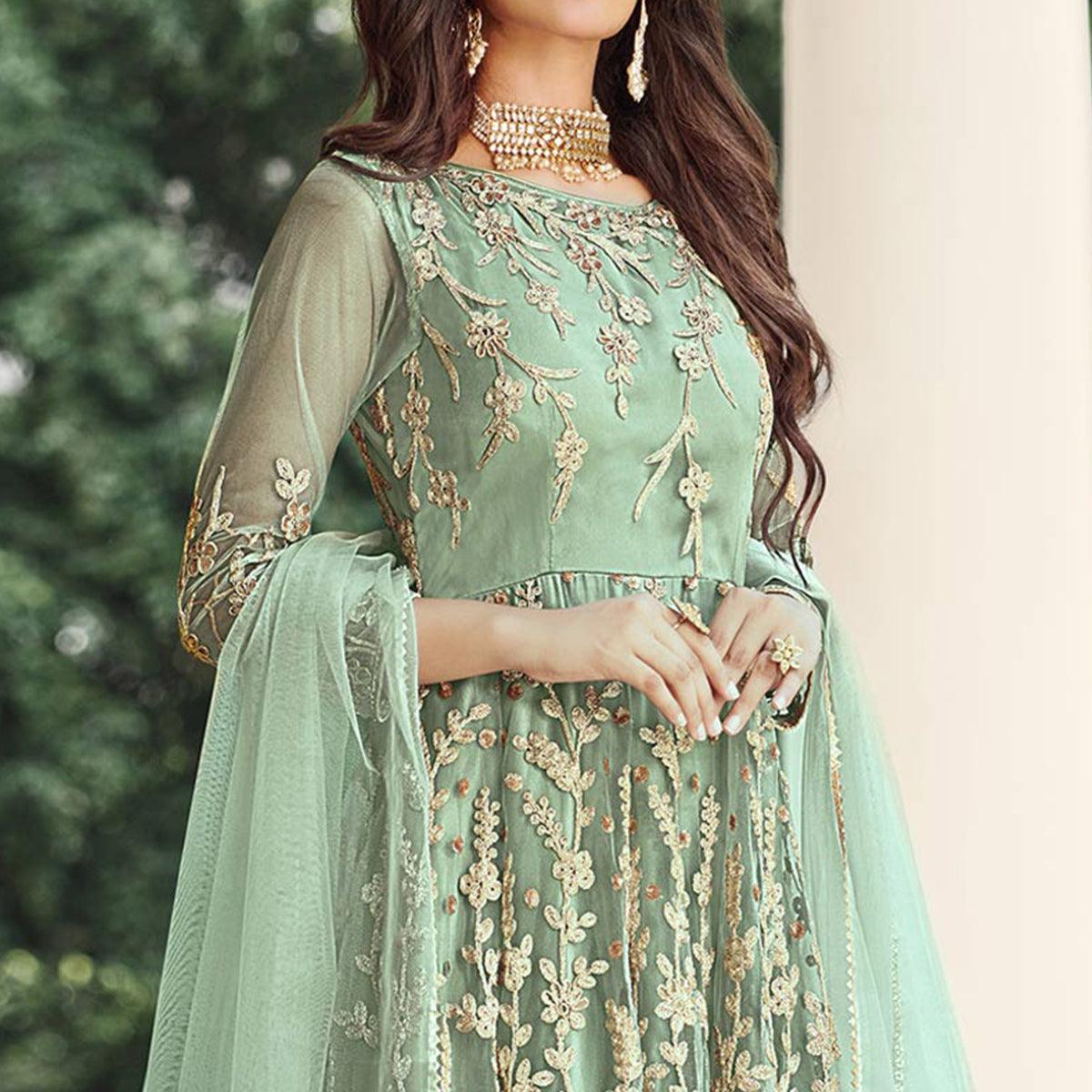 Pista Green Floral Sequence Embroidered Net Anarkali Suit - Peachmode