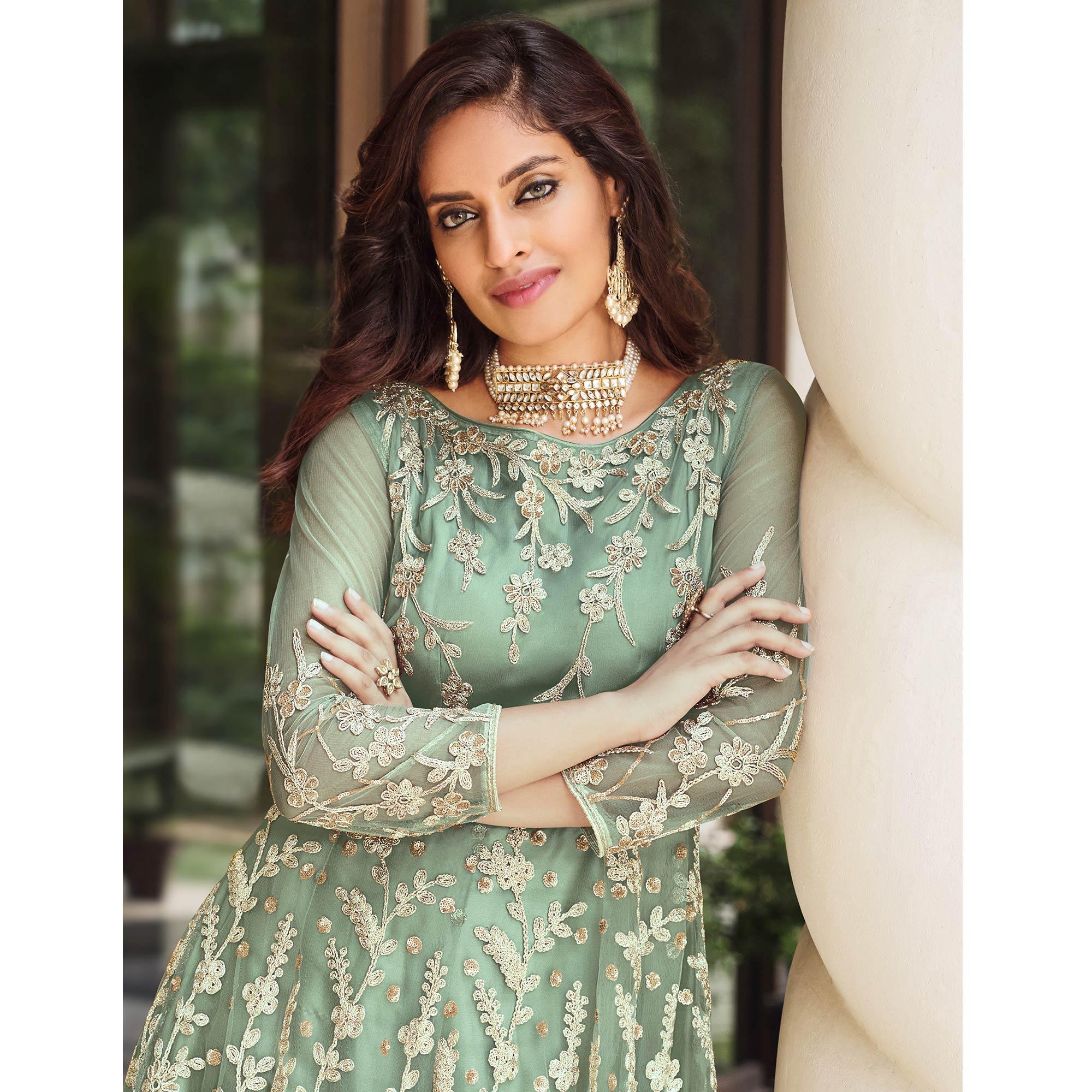 Pista Green Floral Sequence Embroidered Net Anarkali Suit - Peachmode