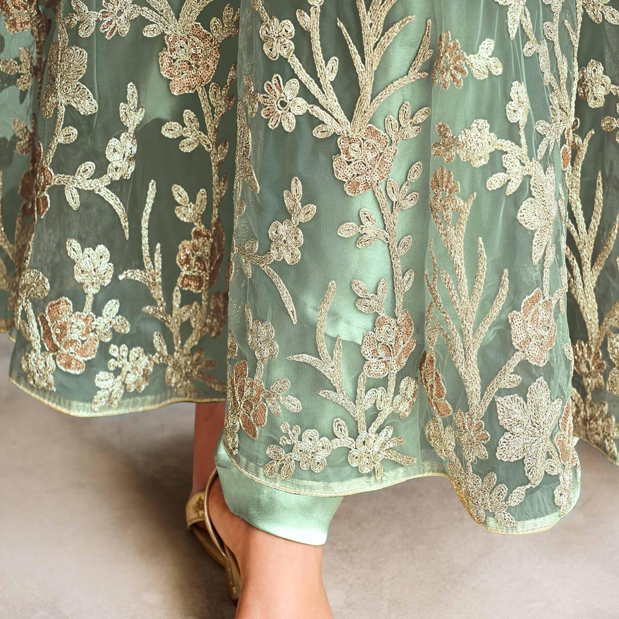 Pista Green Floral Sequence Embroidered Net Anarkali Suit - Peachmode