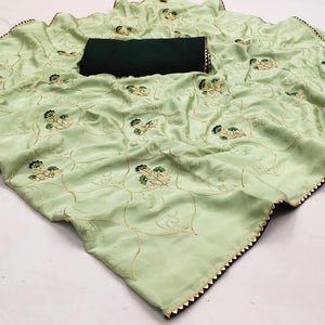 Pista Green Floral Zari Embroidered Silk Saree - Peachmode