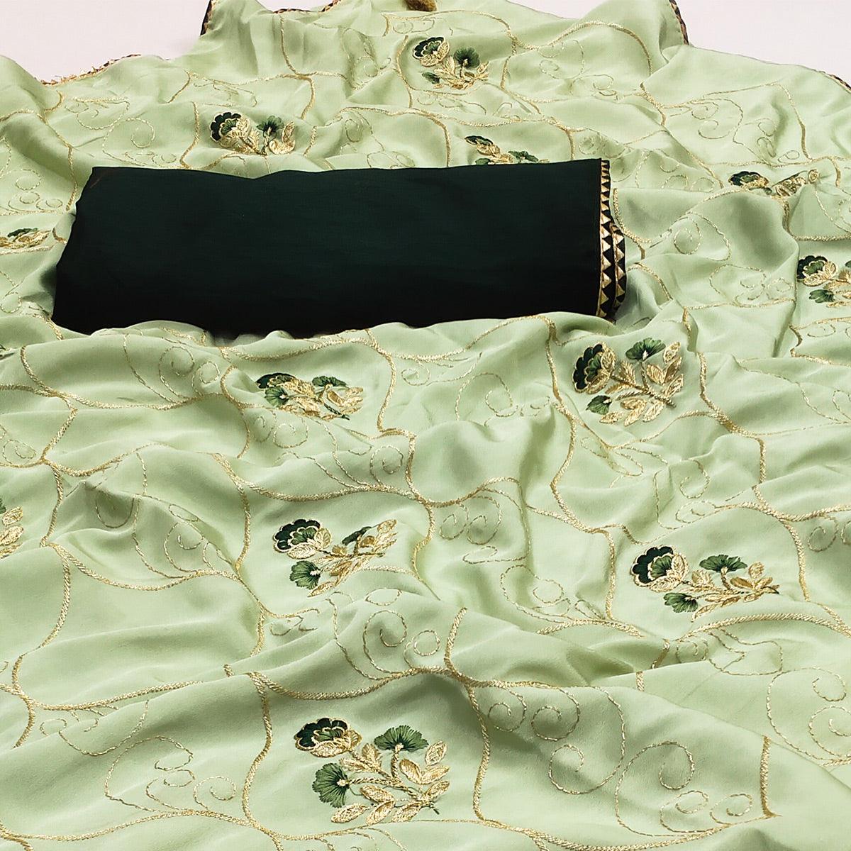 Pista Green Floral Zari Embroidered Silk Saree - Peachmode