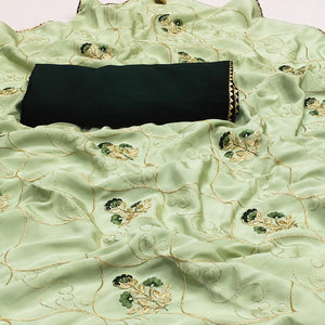 Pista Green Floral Zari Embroidered Silk Saree - Peachmode