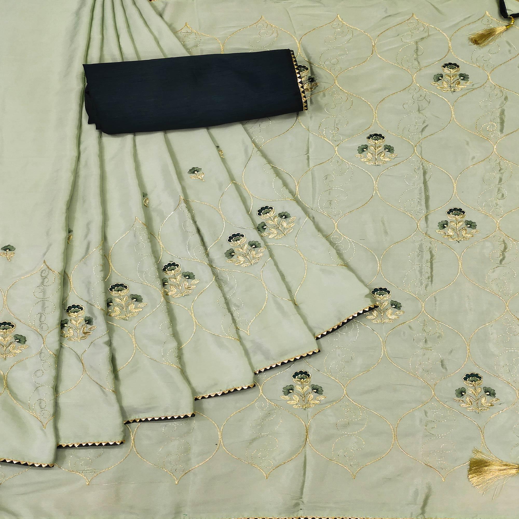 Pista Green Floral Zari Embroidered Silk Saree - Peachmode