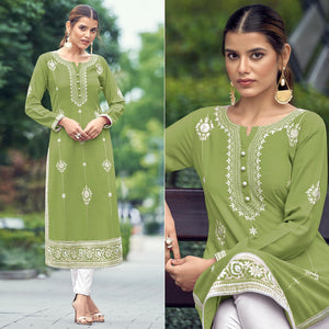 Pista Green Lakhnawi Work Rayon Kurti - Peachmode