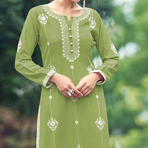Pista Green Lakhnawi Work Rayon Kurti - Peachmode