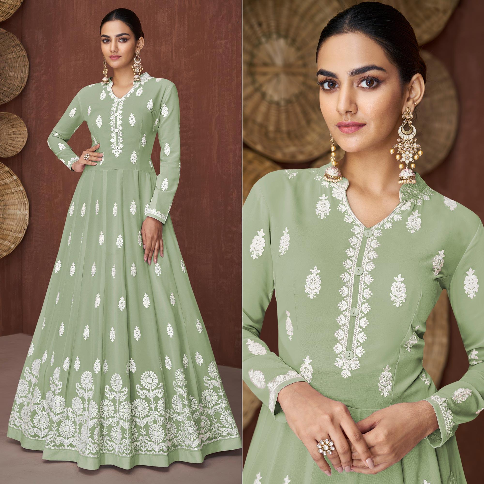 Pista Green Lucknowi Embroidered Georgette Gown - Peachmode