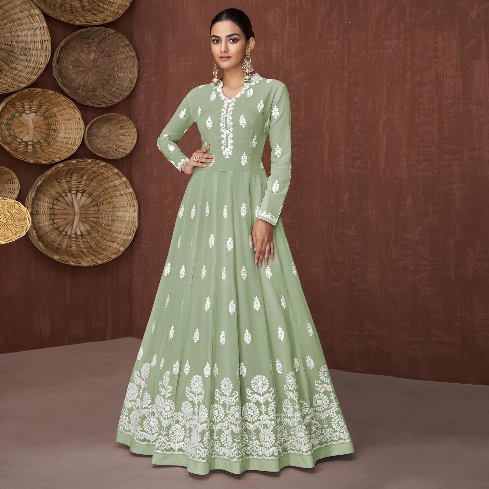 Pista Green Lucknowi Embroidered Georgette Gown - Peachmode