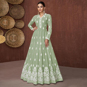 Pista Green Lucknowi Embroidered Georgette Gown - Peachmode