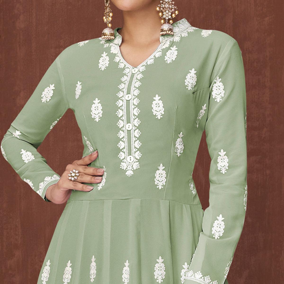Pista Green Lucknowi Embroidered Georgette Gown - Peachmode