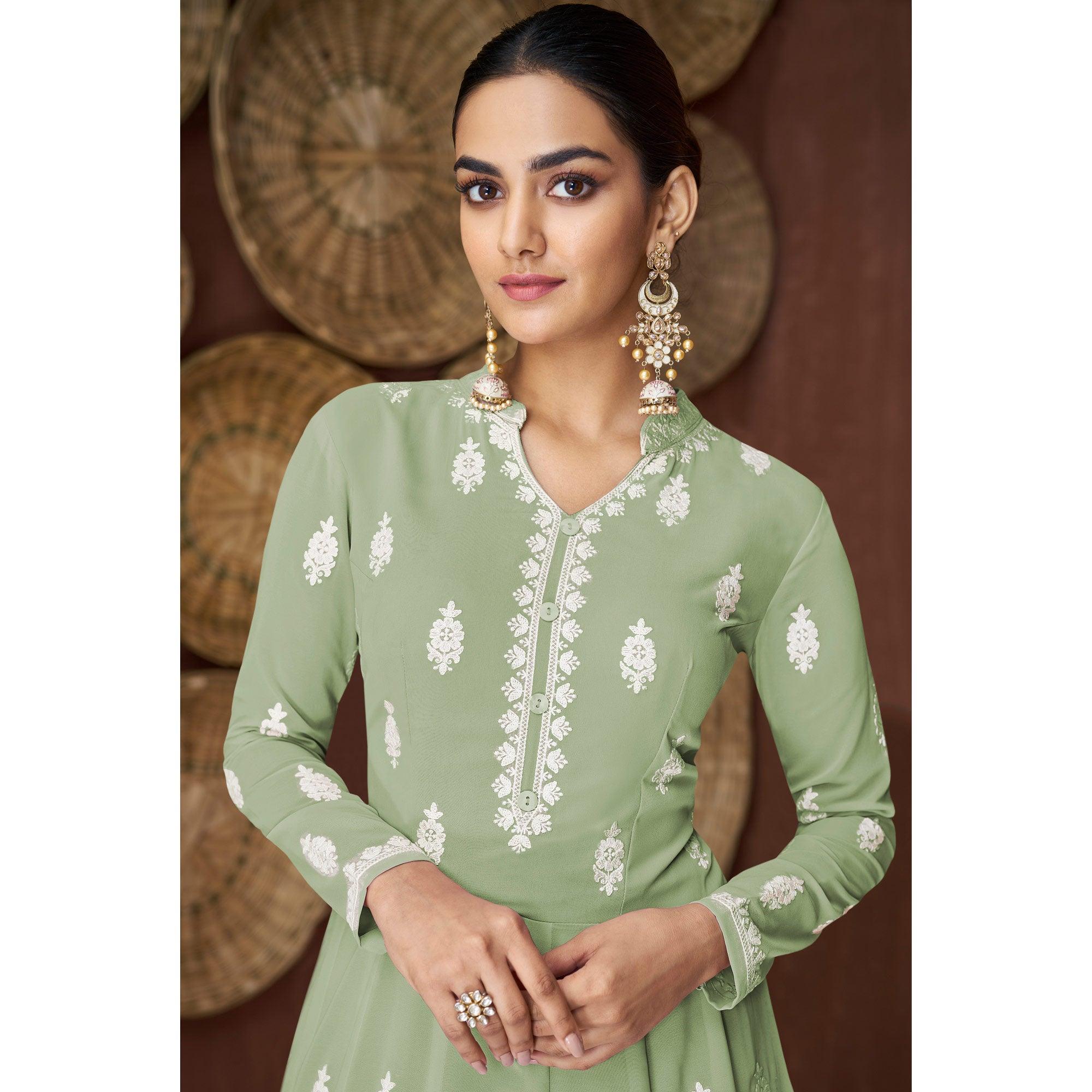 Pista Green Colour Fancy Designer Latest Stylish Festive And Party Wear  Butter Fly Net With Heavy Work Gown Collection 5106 - The Ethnic World