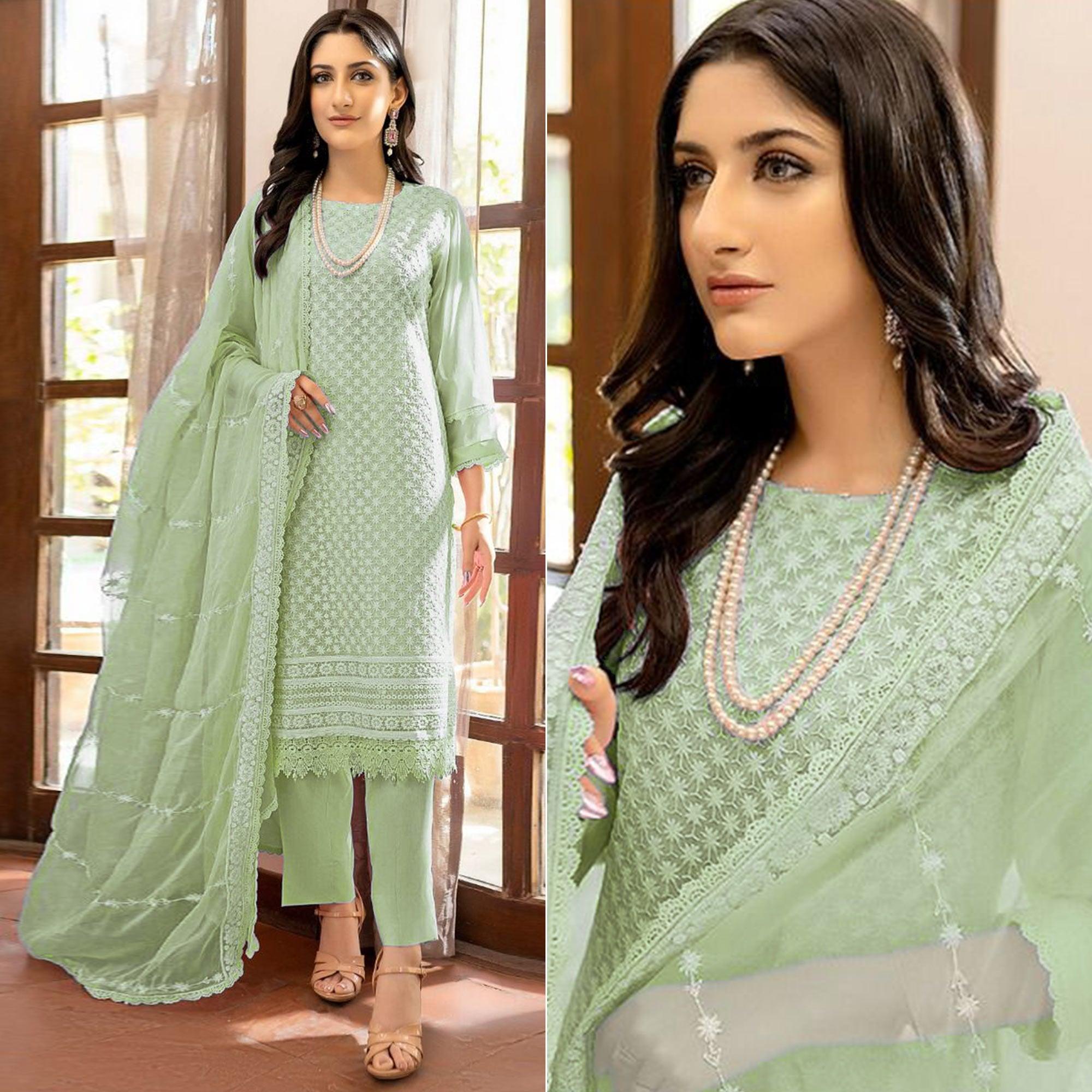 Pista Green Lucknowi Embroidered Georgette Pakistani Suit - Peachmode