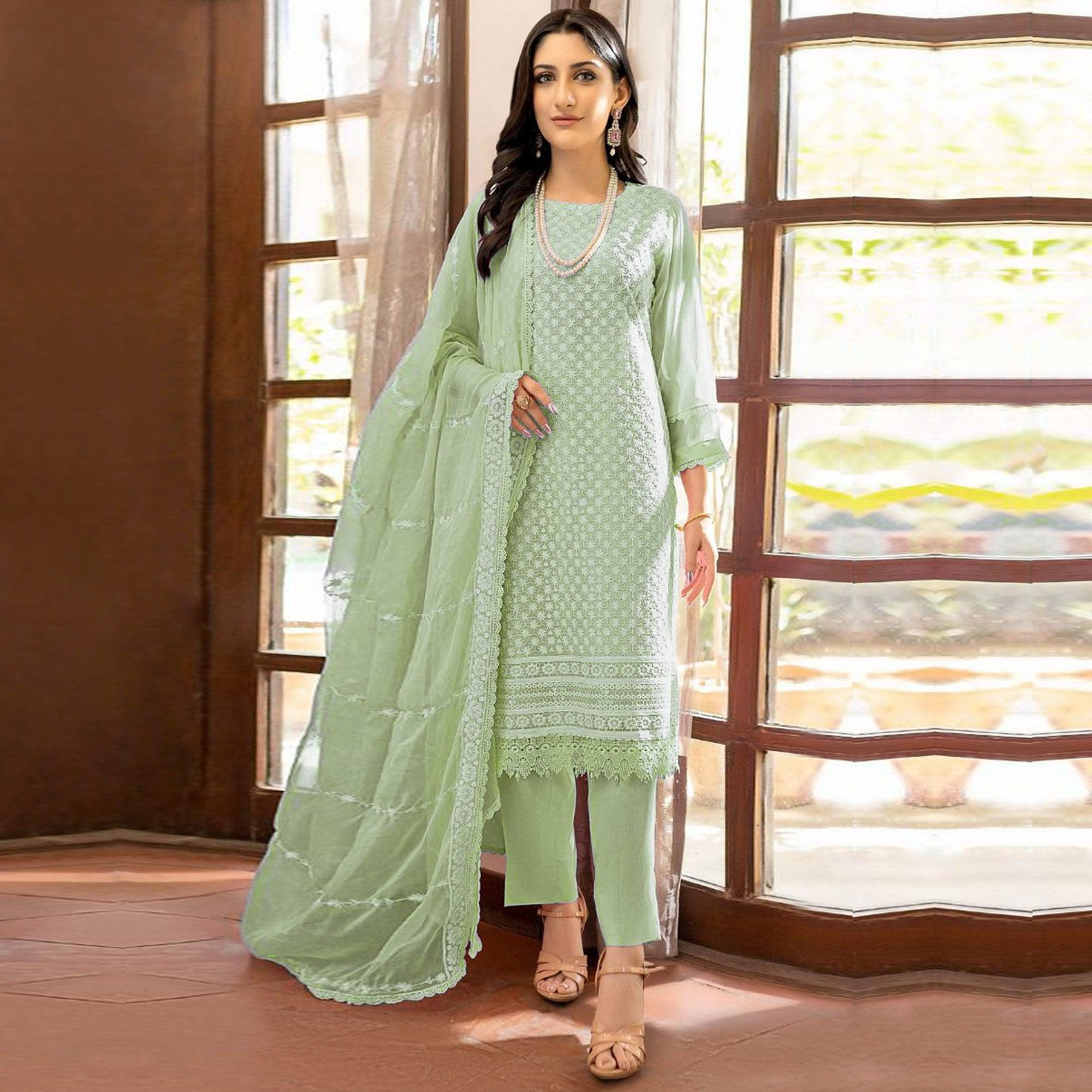 Pista Green Lucknowi Embroidered Georgette Pakistani Suit - Peachmode