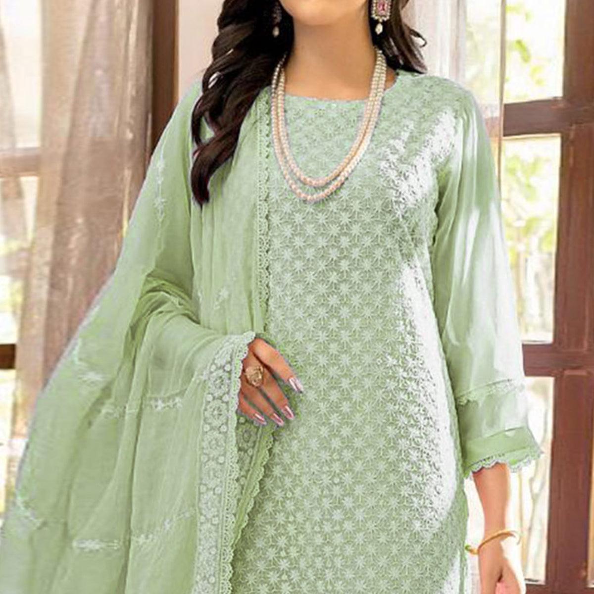 Pista Green Lucknowi Embroidered Georgette Pakistani Suit - Peachmode