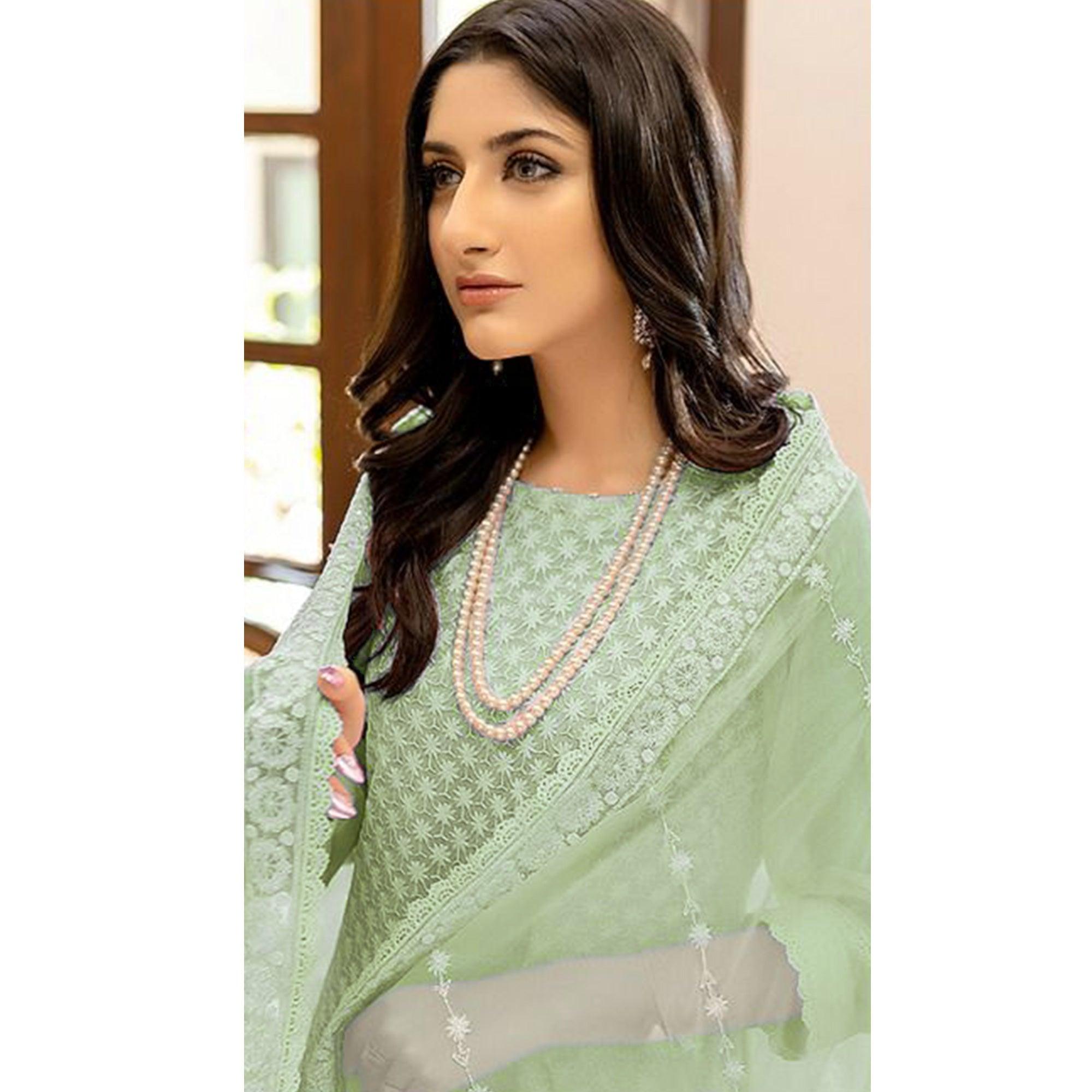 Pista Green Lucknowi Embroidered Georgette Pakistani Suit - Peachmode