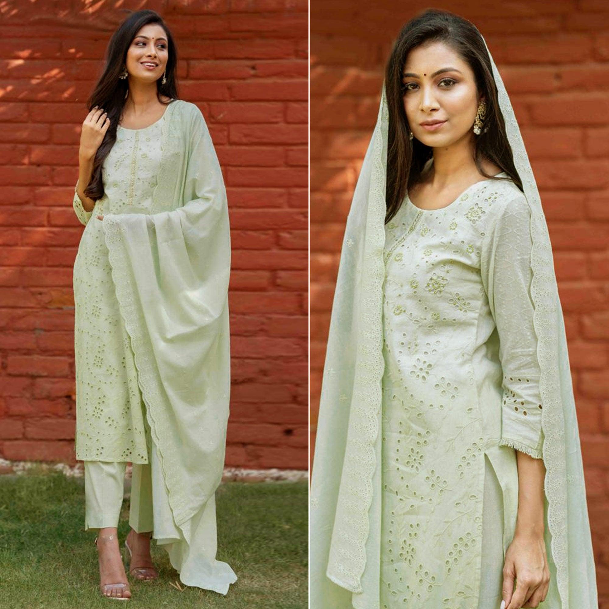 Pista Green Lucknowi Embroidered Pure Cotton Kurti Pant Set - Peachmode