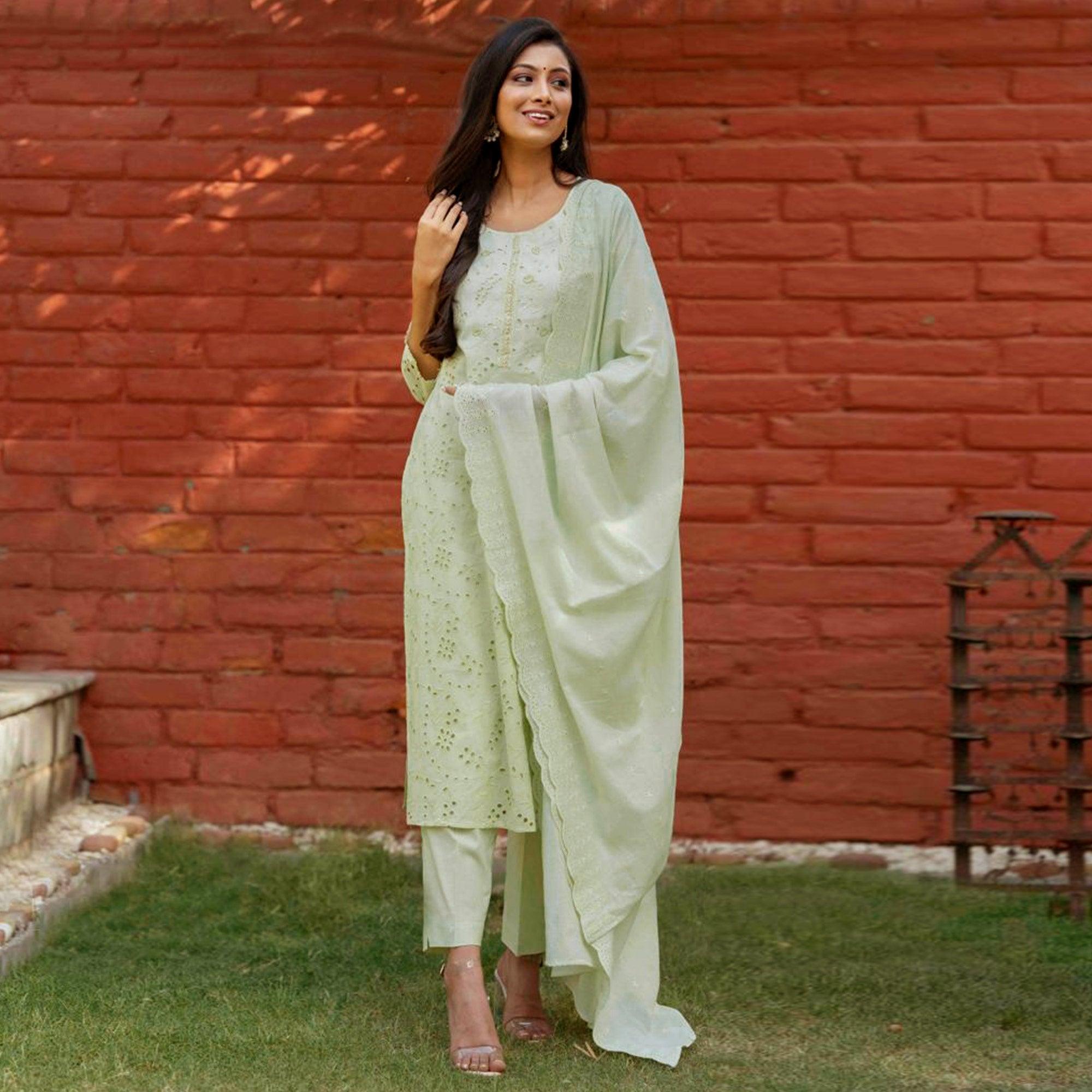 Pista Green Lucknowi Embroidered Pure Cotton Kurti Pant Set - Peachmode