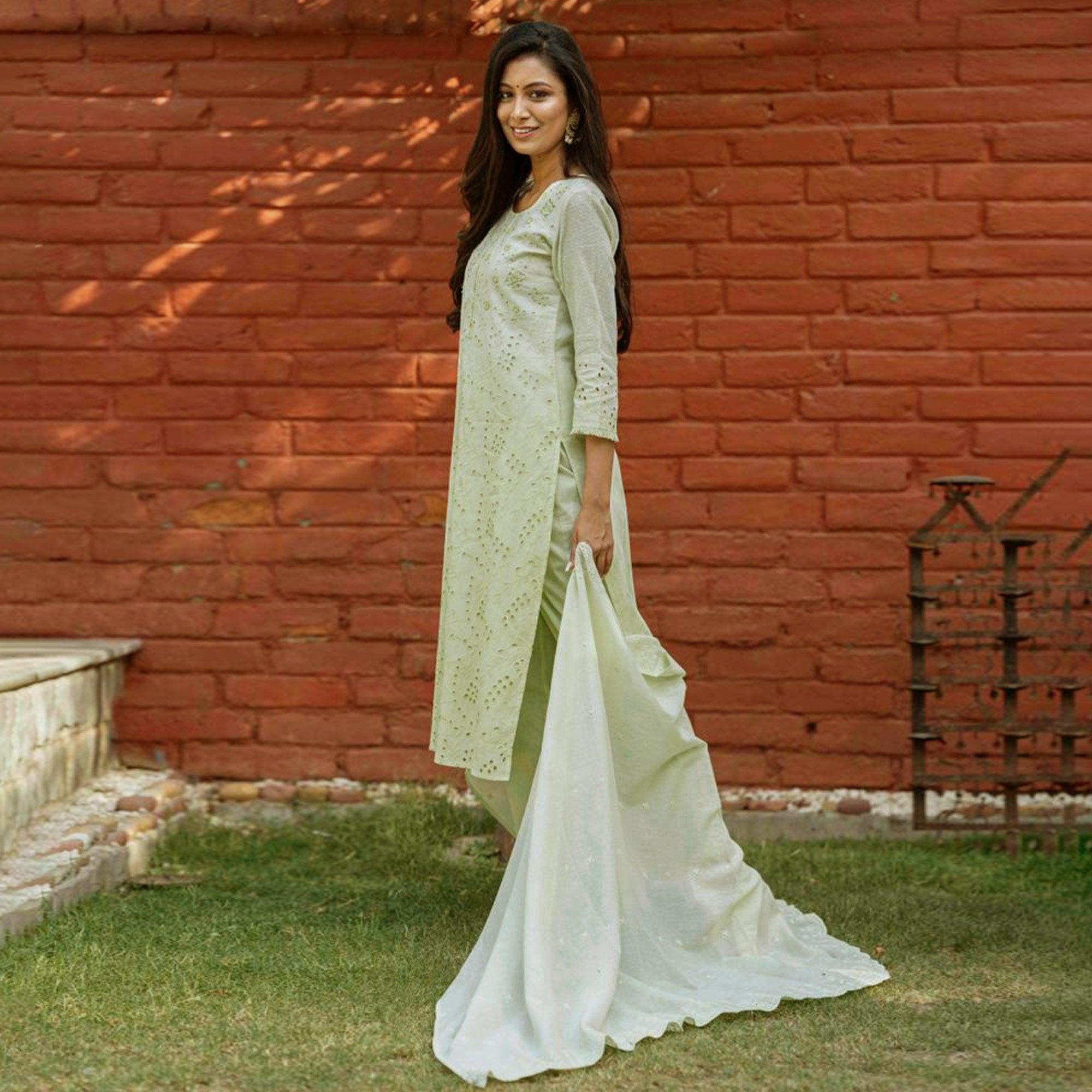 Pista Green Lucknowi Embroidered Pure Cotton Kurti Pant Set - Peachmode