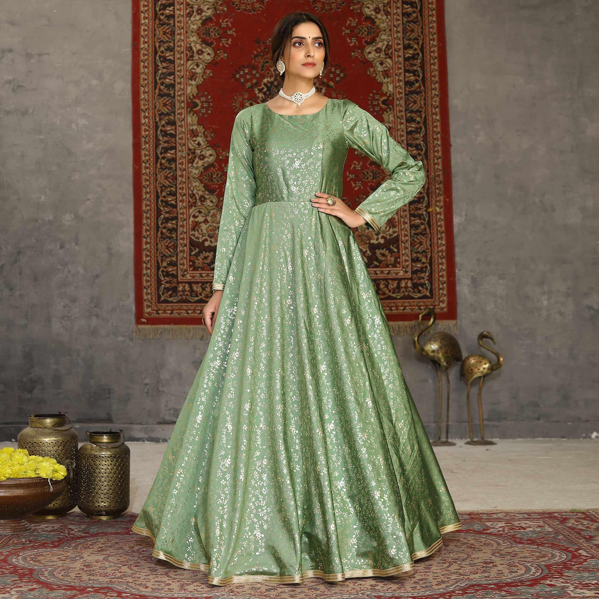 Pista Green Party Wear Designer Metalic Foil Printed Work Taffeta Gown - Peachmode