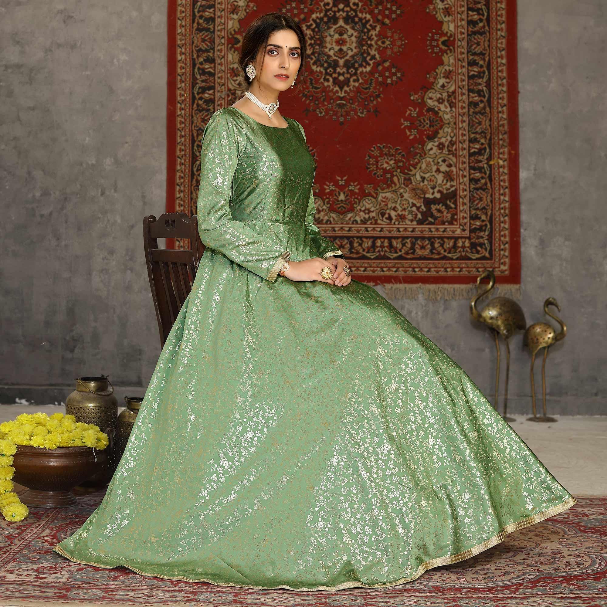 Green Partywear Floral Embroidered Handwork Soft Net Gown