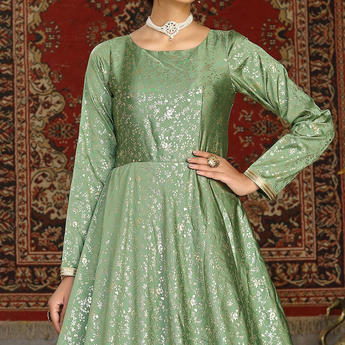 Pista Green Party Wear Designer Metalic Foil Printed Work Taffeta Gown - Peachmode