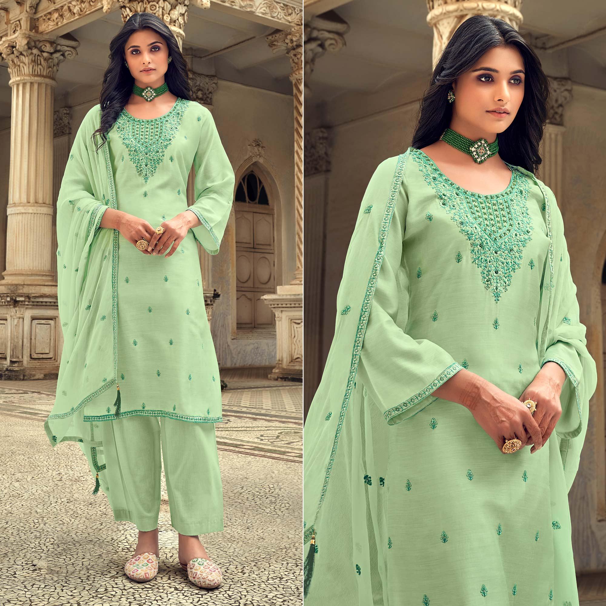 Pista Green Party Wear Embroidered Muslin Suit - Peachmode