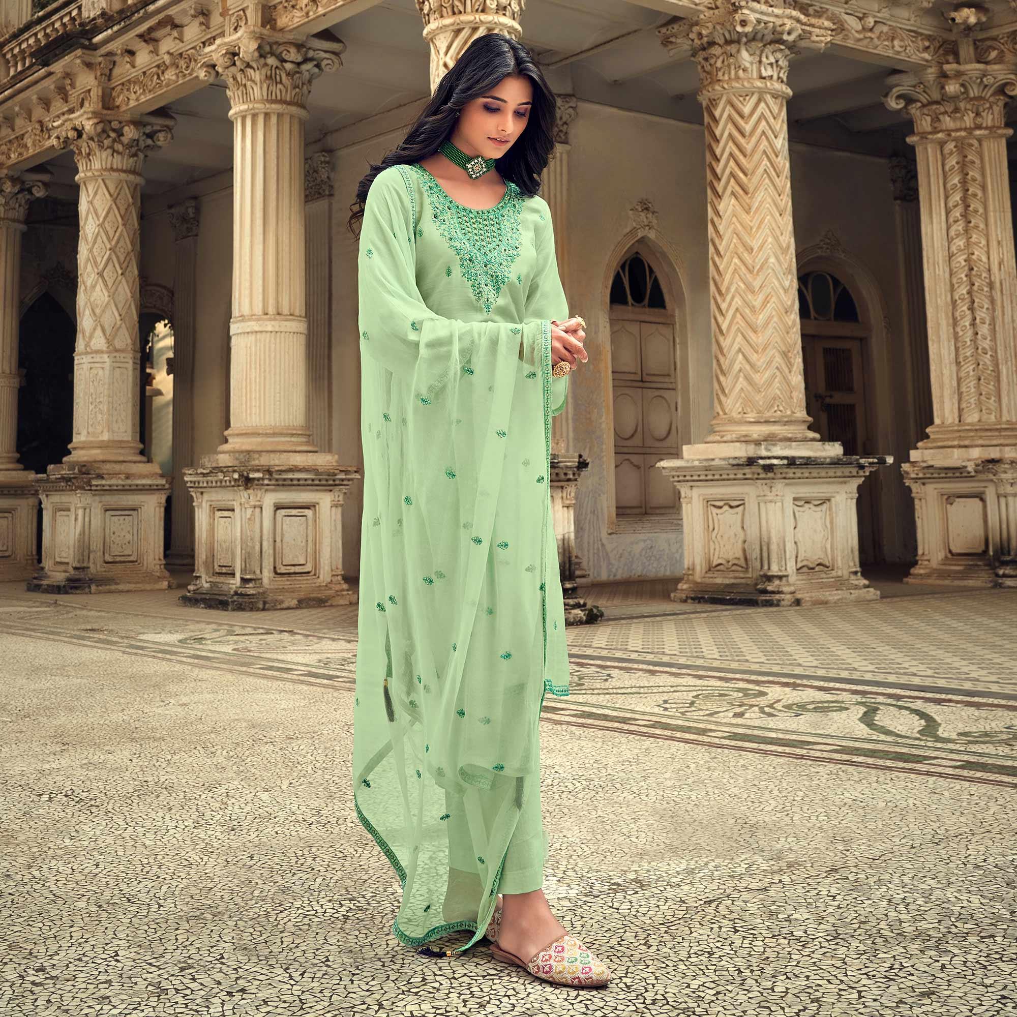 Pista Green Party Wear Embroidered Muslin Suit - Peachmode