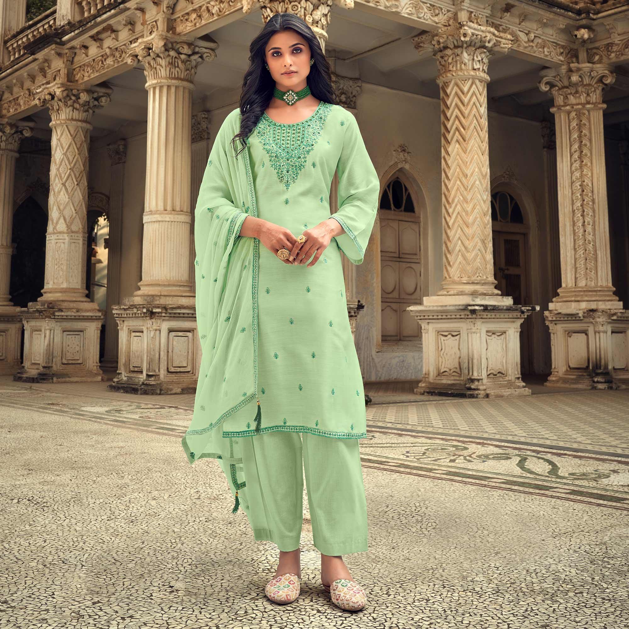 Pista Green Party Wear Embroidered Muslin Suit - Peachmode