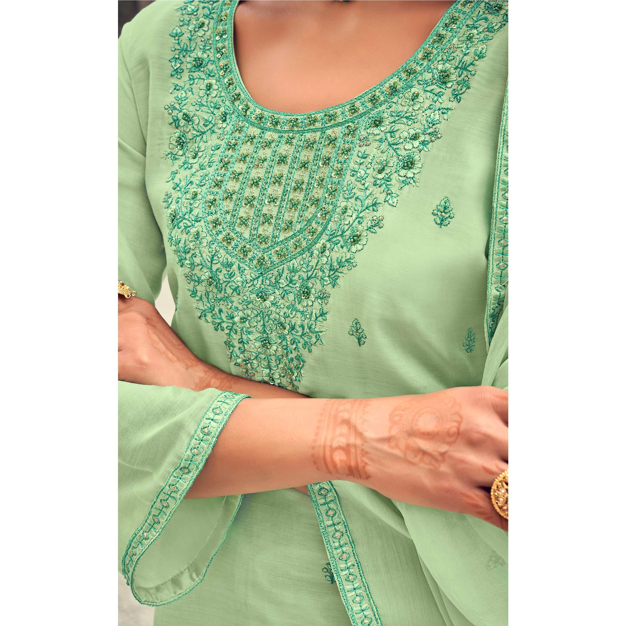 Pista Green Party Wear Embroidered Muslin Suit - Peachmode