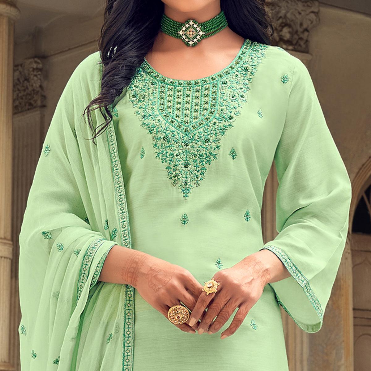 Pista Green Party Wear Embroidered Muslin Suit - Peachmode